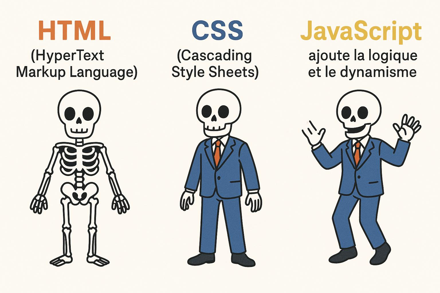 HTML = le corps, CSS = les vêtements, JS = les mouvements